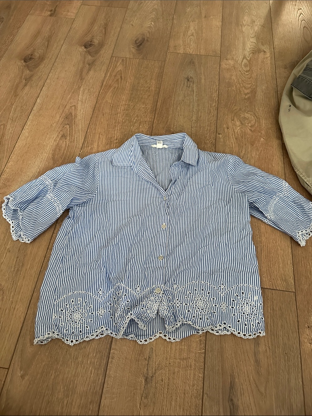 Blue & White Striped Button-Front Top with Lace Hem
